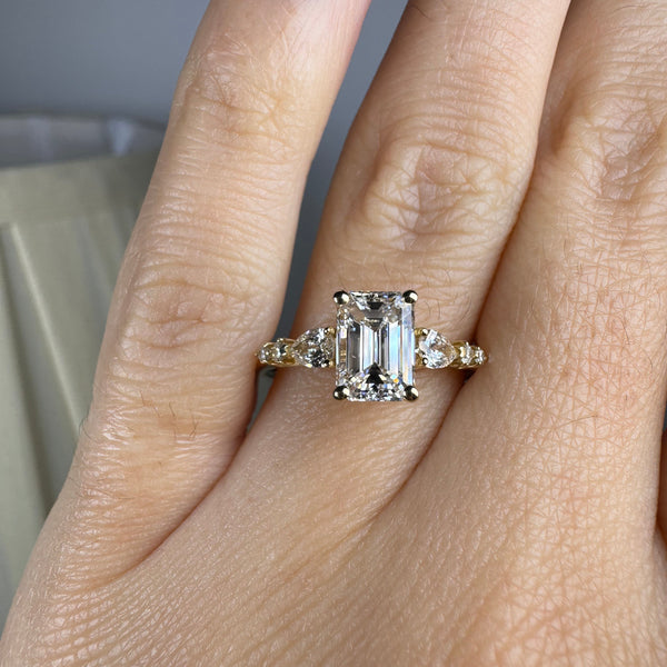 "Elaska" Emerald Cut 4 Carat Yellow Gold Diamond Shoulder Engagement Ring