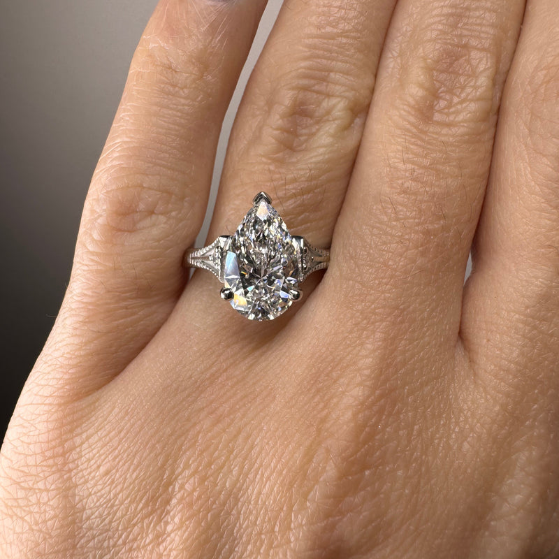 "Viney" Pear Cut 5 Carat Trilogy Platinum Engagement Ring