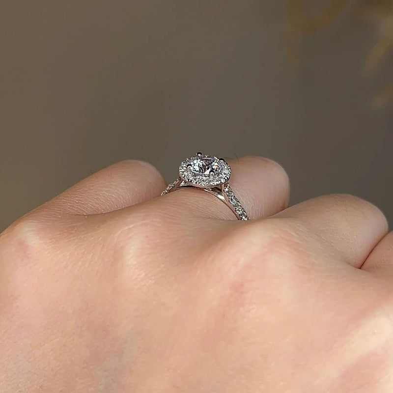 "Indy" Halo Round Brilliant Cut Diamond Scallop Set Diamond Shoulder Engagement Ring HARB17 - HEERA DIAMONDS