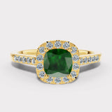 "Ines" 2 Carat Cushion Emerald Gem Halo Diamond Shoulder Ring