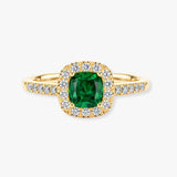 "Ines" 2 Carat Cushion Emerald Gem Halo Diamond Shoulder Ring