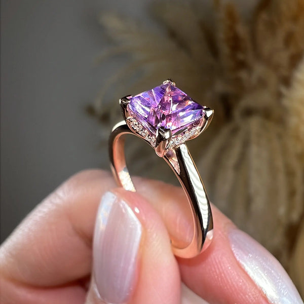 "Julie" Princess Cut Amethyst Under Halo Engagement Ring HEERA DIAMONDS