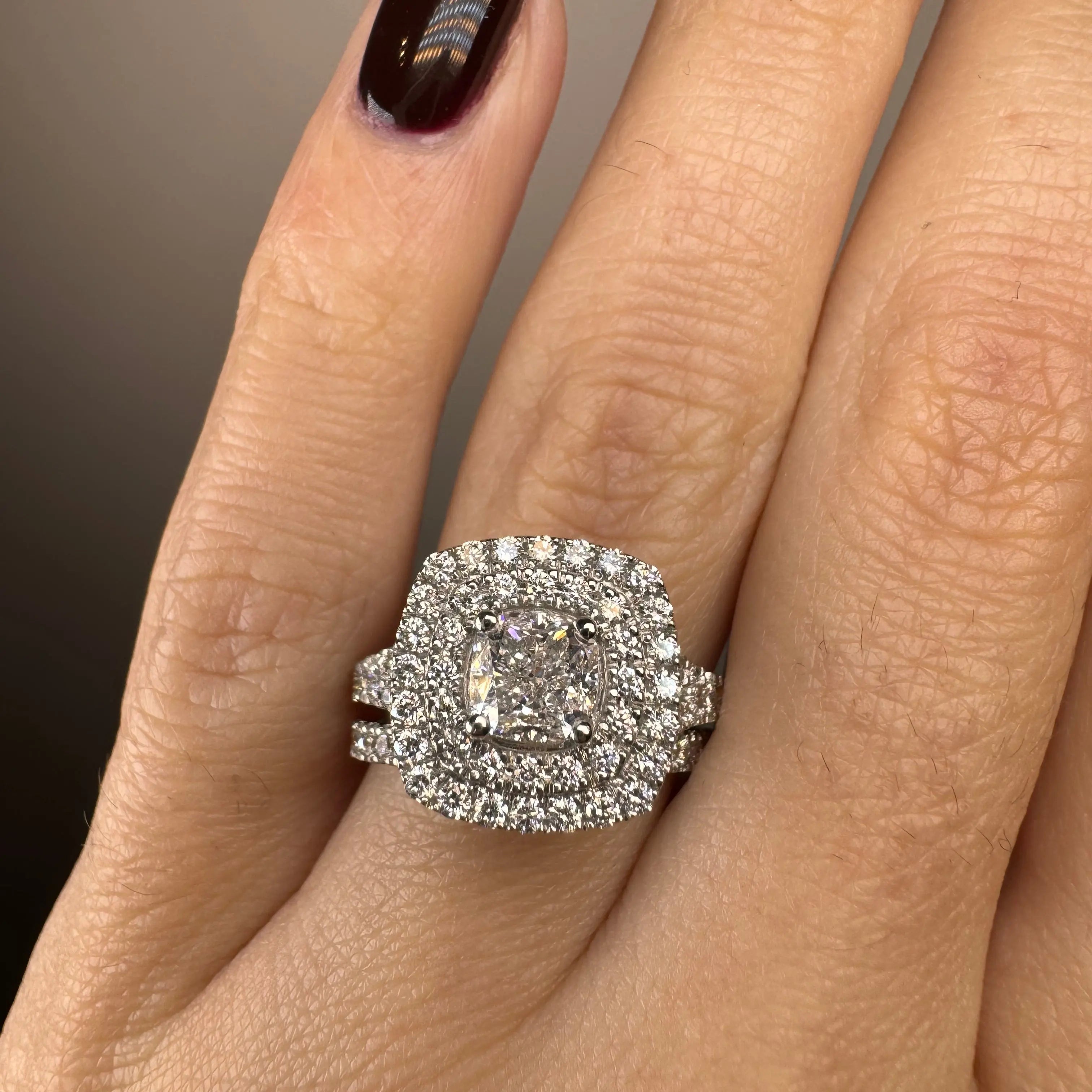 Nassey Cushion Halo and Diamond Shoulder Matching Set Engagement