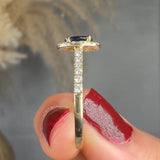 "Norix" Blue Sapphire 0.44 Carat Oval Cut Halo Natural Diamond Shoulder Engagement Ring HR1271