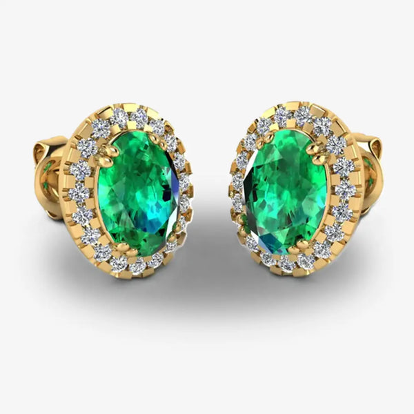 Oval Emerald and Diamond Halo Stud Earrings - EHAOE HEERA GOLD