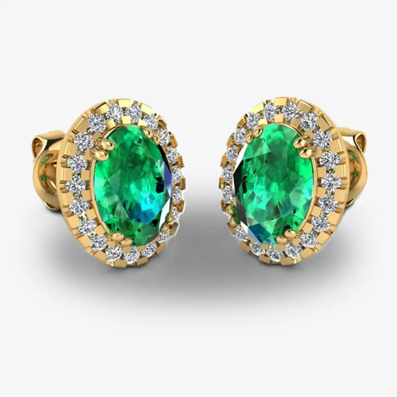 Oval Emerald and Diamond Halo Stud Earrings - EHAOE HEERA GOLD