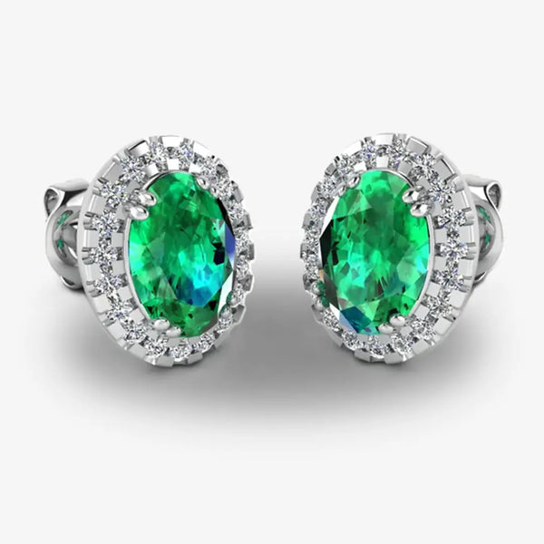 Oval Emerald and Diamond Halo Stud Earrings - EHAOE HEERA GOLD