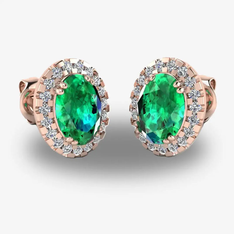 Oval Emerald and Diamond Halo Stud Earrings - EHAOE HEERA GOLD