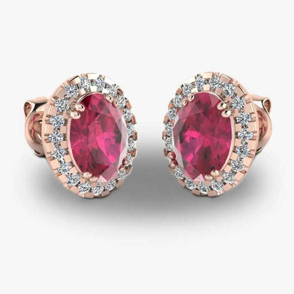 Oval Ruby and Diamond Halo Stud Earrings - EHAOR HEERA GOLD