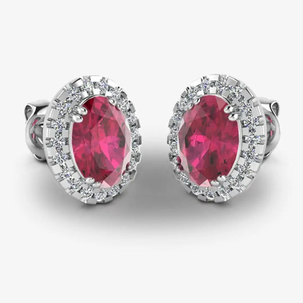 Oval Ruby and Diamond Halo Stud Earrings - EHAOR HEERA GOLD
