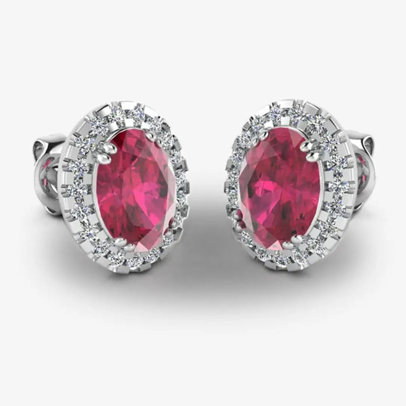 Oval Ruby and Diamond Halo Stud Earrings - EHAOR HEERA GOLD
