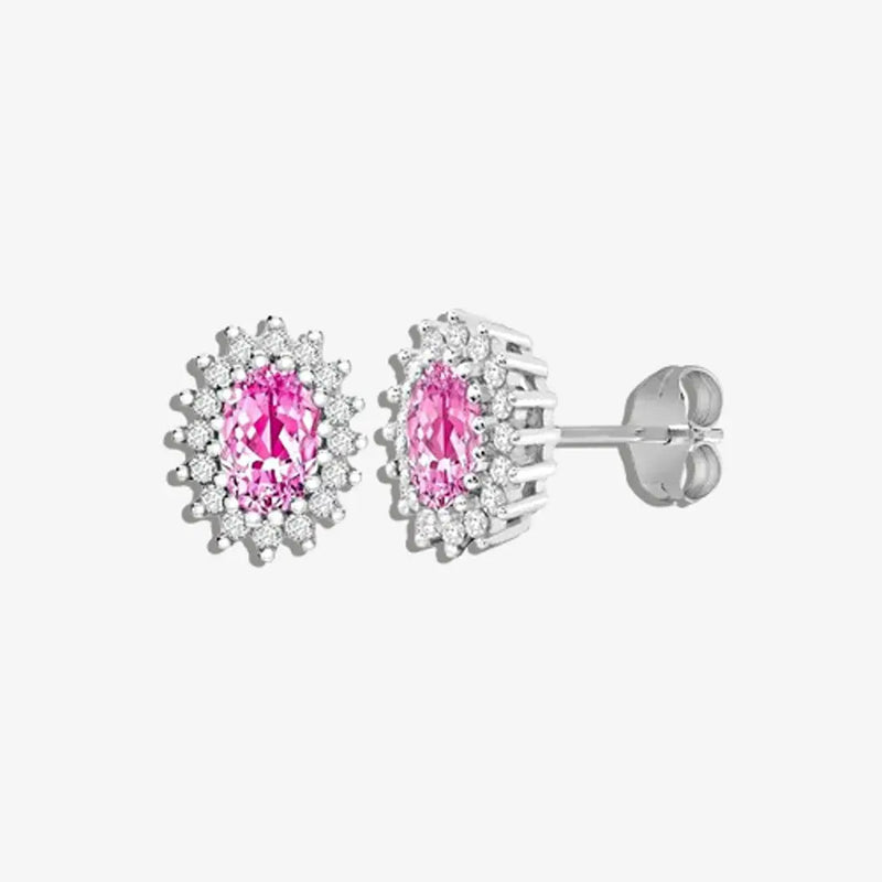 PINK SAPPHIRE HALO STUD EARRINGS IN 9K WHITE GOLD HEERA DIAMONDS