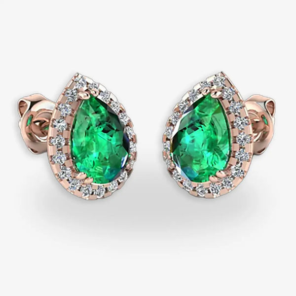 Pear Shape Emerald and Diamond Halo Stud Earrings - EHAPE HEERA GOLD