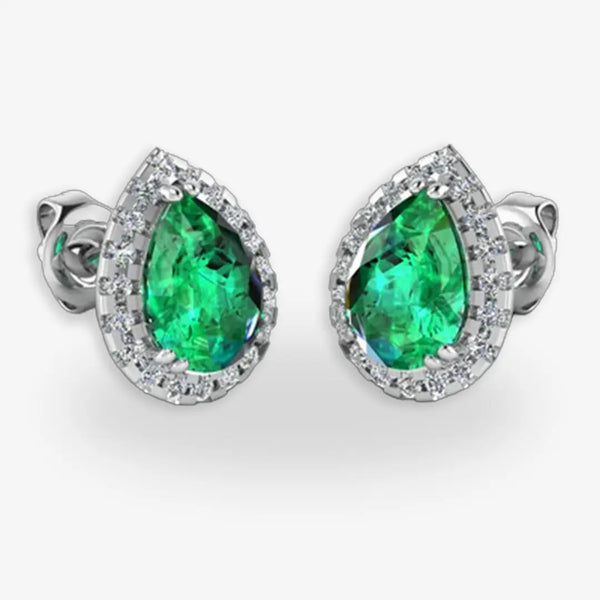Pear Shape Emerald and Diamond Halo Stud Earrings - EHAPE HEERA GOLD