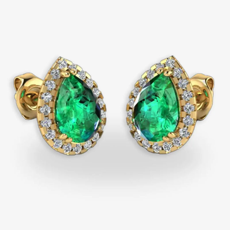 Pear Shape Emerald and Diamond Halo Stud Earrings - EHAPE HEERA GOLD