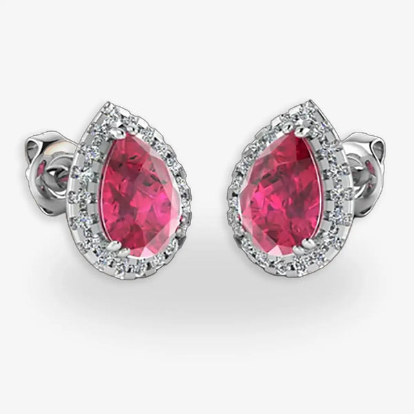 Pear Shape Ruby and Diamond Halo Stud Earrings - EHAPR HEERA GOLD