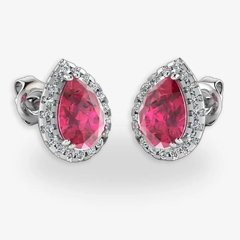 Pear Shape Ruby and Diamond Halo Stud Earrings - EHAPR HEERA GOLD