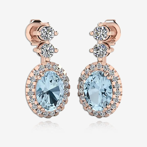 Aquamarine 1.40 Carat Oval Shape Halo Lab Grown Diamond Drop Earrings E1OCA