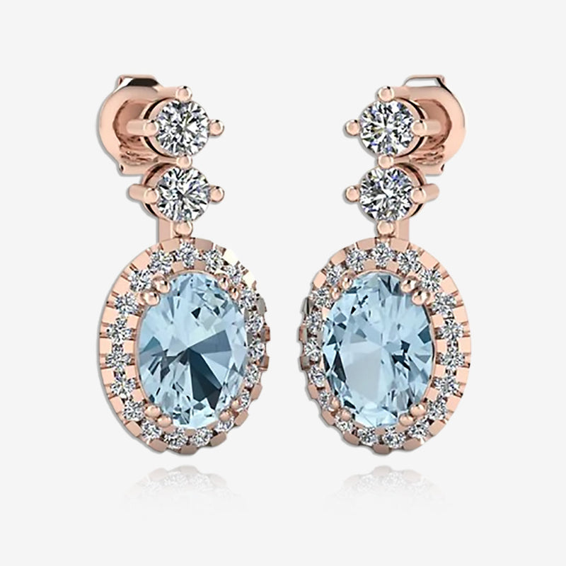 Aquamarine 1.40 Carat Oval Shape Halo Lab Grown Diamond Drop Earrings E1OCA