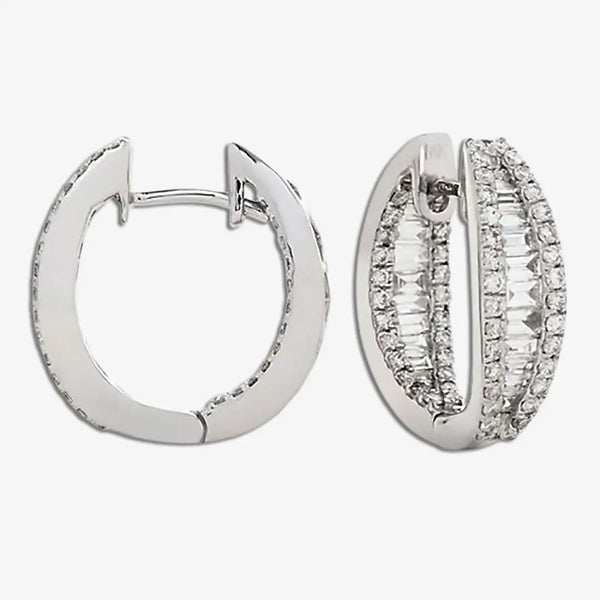ROUND AND BAGUETTE CUT DIAMOND HOOP EARRINGS IN 18K WHITE GOLD HEERA DIAMONDS