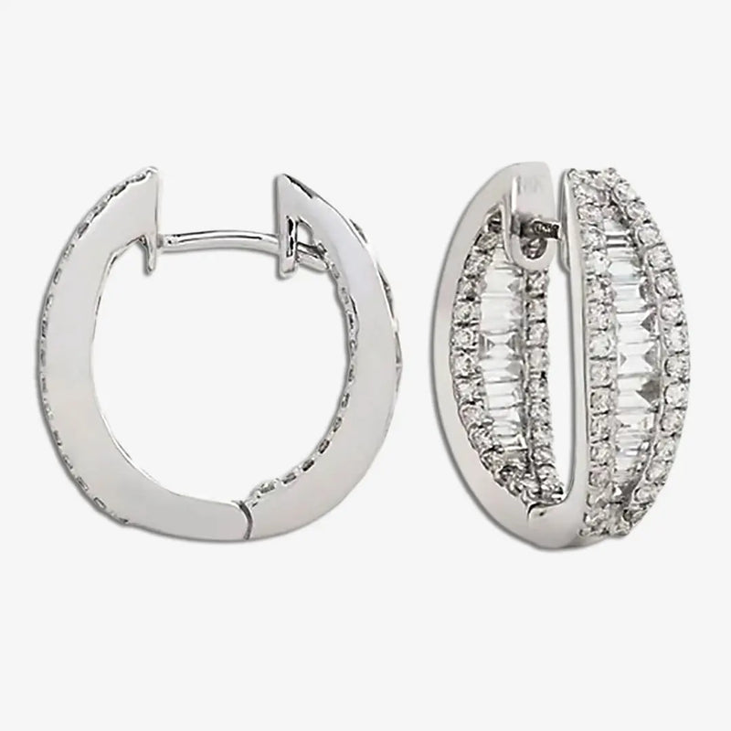 ROUND AND BAGUETTE CUT DIAMOND HOOP EARRINGS IN 18K WHITE GOLD HEERA DIAMONDS
