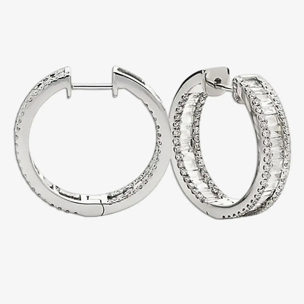 ROUND AND BAGUETTE CUT DIAMOND HOOP EARRINGS IN 18K WHITE GOLD HEERA DIAMONDS