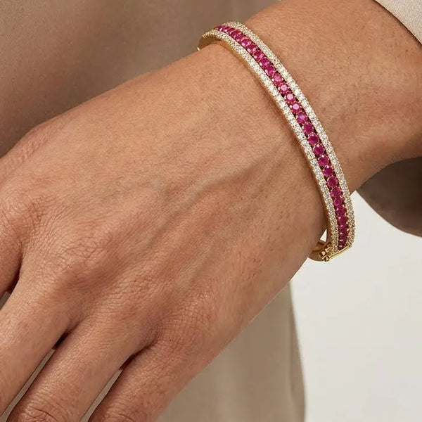 Round Brilliant 4 Carat Ruby and Diamond 3 Rows Bangle BAN1R