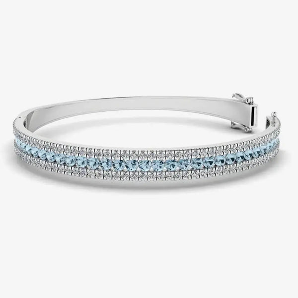 Round Brilliant 4.05 Carat Aquamarine and Diamond 3 Rows Bangle BAN1A HEERA DIAMONDS