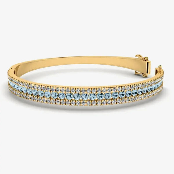 Round Brilliant 4.05 Carat Aquamarine and Diamond 3 Rows Bangle BAN1A HEERA DIAMONDS