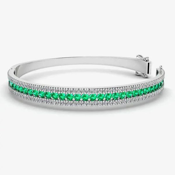 Round Brilliant 4.05 Carat Emerald and Diamond 3 Rows Bangle BAN1E HEERA DIAMONDS