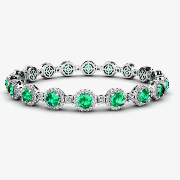 Round Brilliant Shape 8.5 Carat Emerald Gem Featuring Diamond Halo Bracelet BRHARBE HEERA DIAMONDS