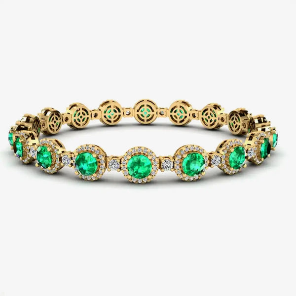 Round Brilliant Shape 8.5 Carat Emerald Gem Featuring Diamond Halo Bracelet BRHARBE HEERA DIAMONDS