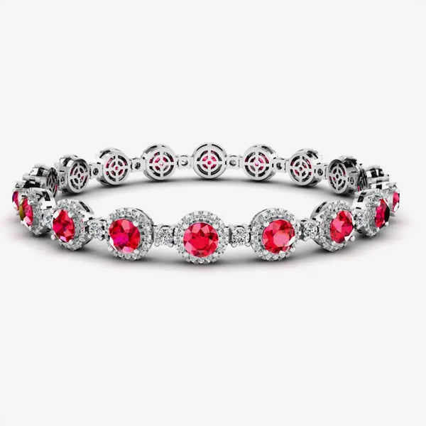 Round Brilliant Shape 8.5 Carat Ruby Center Featuring Diamond Halo Bracelet BRHARBR HEERA DIAMONDS