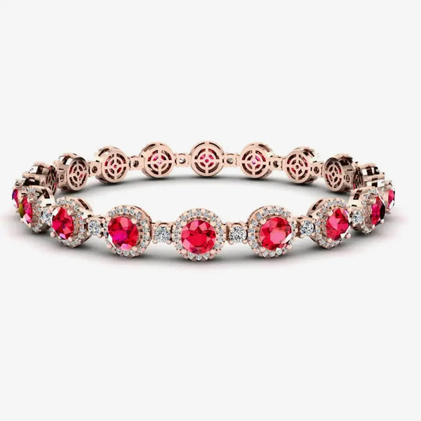 Round Brilliant Shape 8.5 Carat Ruby Center Featuring Diamond Halo Bracelet BRHARBR HEERA DIAMONDS