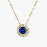 Round Sapphire Pendant with Double Natural Diamond Halo With chain