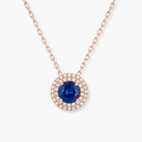 Round Sapphire Pendant with Double Natural Diamond Halo With chain