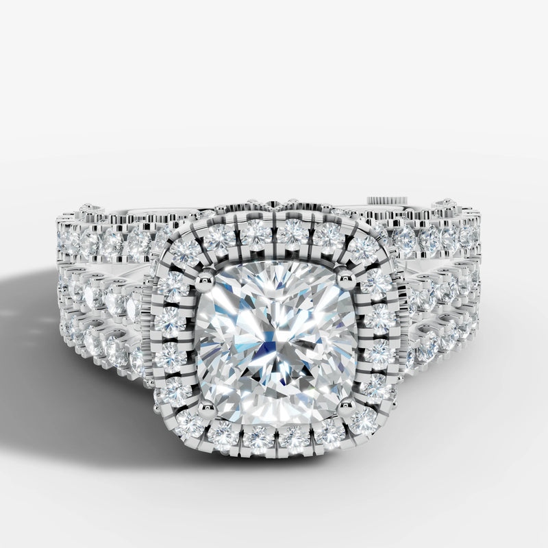 "Samara" Halo 1.25 Carat Cushion Cut Three Row Diamond Shoulder Platinum Engagement Ring HEERA DIAMONDS