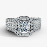 "Samara" Halo 1.25 Carat Cushion Cut Three Row Diamond Shoulder Platinum Engagement Ring HEERA DIAMONDS