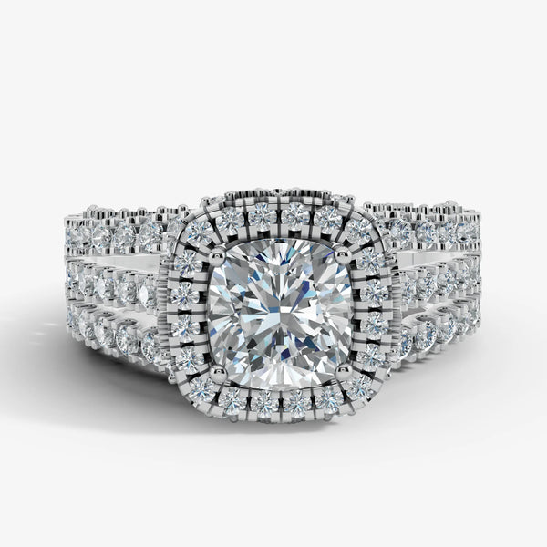 "Samara" Halo 1.25 Carat Cushion Cut Three Row Diamond Shoulder Platinum Engagement Ring HEERA DIAMONDS