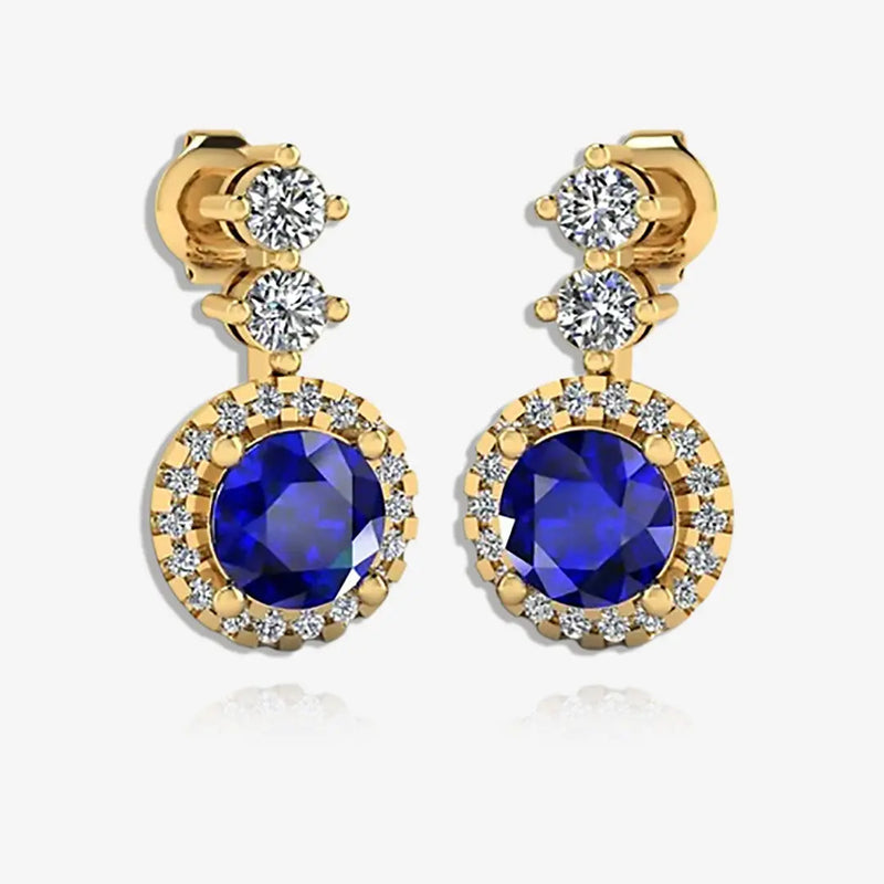 Sapphire 1.10 Carat Round Shape Halo Natural Diamond Drop Earrings E1RBS HEERA GOLD
