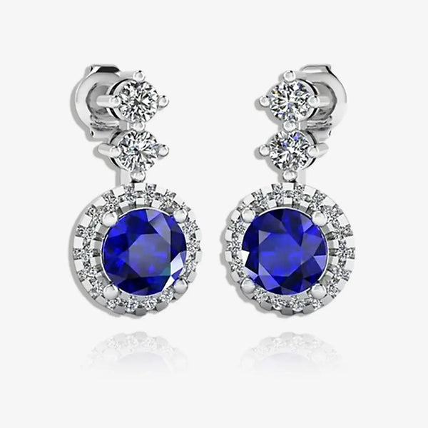 Sapphire 1.10 Carat Round Shape Halo Natural Diamond Drop Earrings E1RBS HEERA GOLD