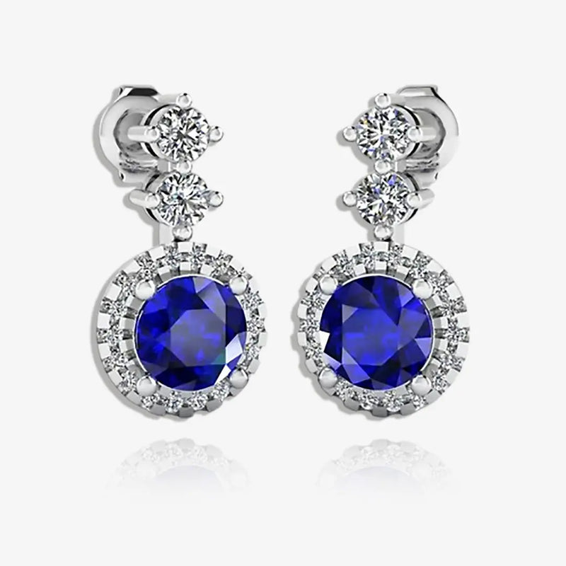 Sapphire 1.10 Carat Round Shape Halo Natural Diamond Drop Earrings E1RBS HEERA GOLD
