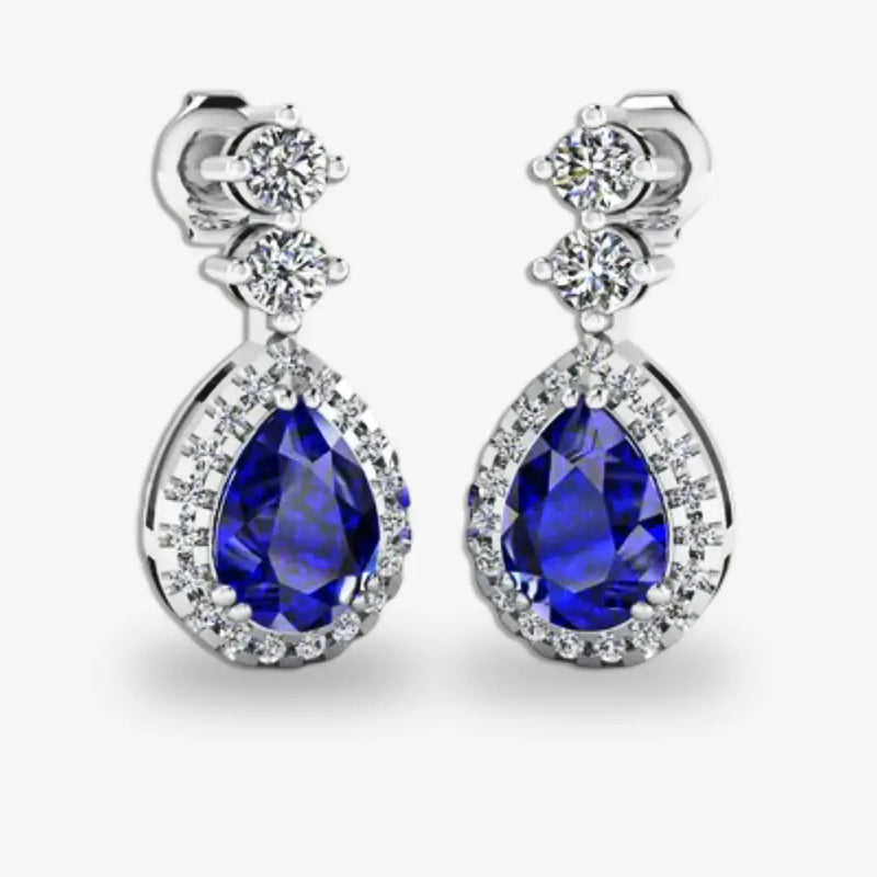 Sapphire 1.30 Carat Pear Shape Halo Lab Grown Diamond Drop Earrings E1PSS HEERA GOLD