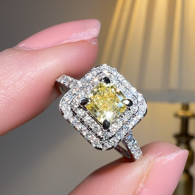 "Holly" Yellow Cushion Cut Halo Diamond Shoulder Engagement Ring DSCC07