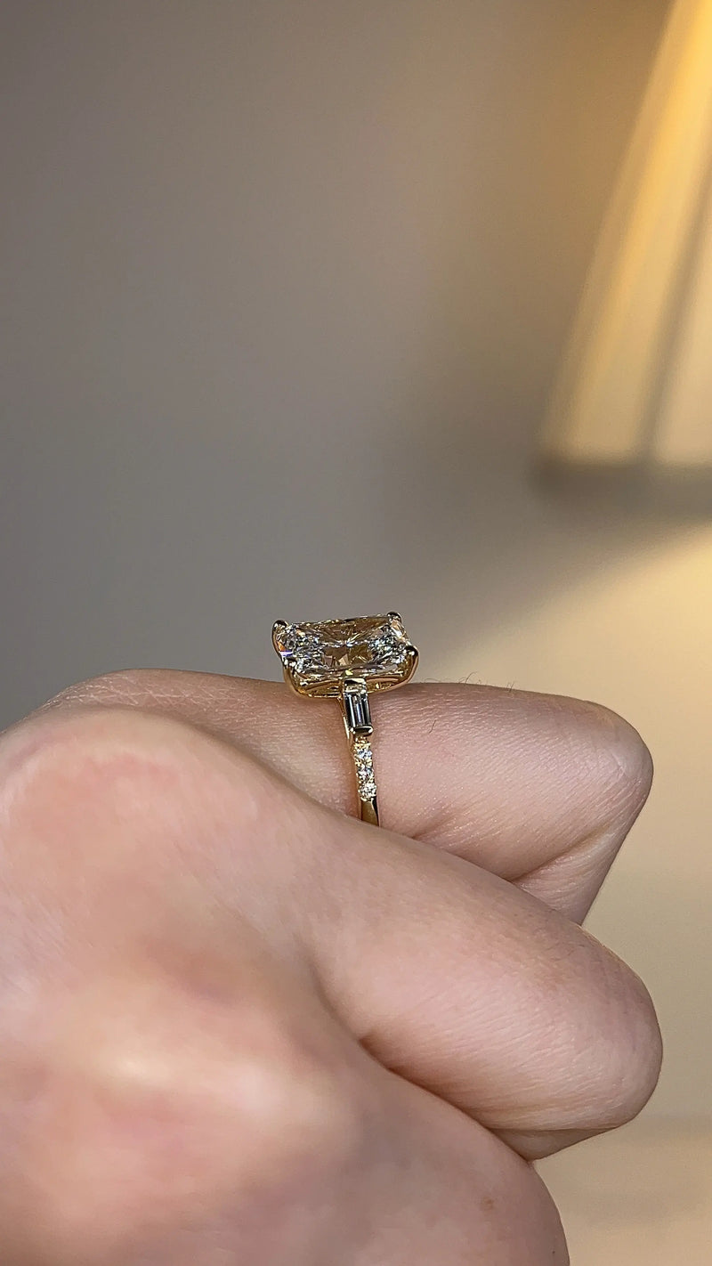 "Seline" Radiant Cut with Baguette Side Stone Trilogy Style Engagement Ring HEERA DIAMONDS