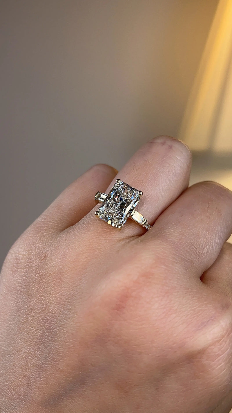 "Seline" Radiant Cut with Baguette Side Stone Trilogy Style Engagement Ring HEERA DIAMONDS