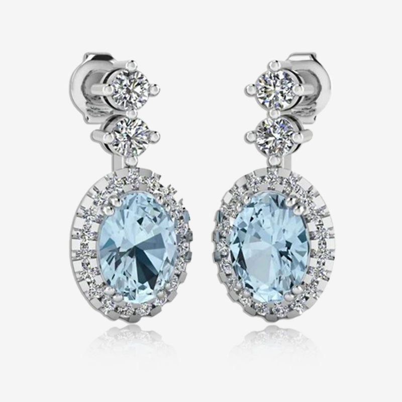 Aquamarine 1.40 Carat Oval Shape Halo Lab Grown Diamond Drop Earrings E1OCA