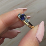 "Bluzz" Round Cut 1.5 Carat Blue Sapphire Trilogy Lab Grown Diamond Yellow Gold Engagement Ring 3SRB51