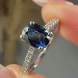 "Elystra" Oval Cut Blue Sapphire 0.77 Carat Natural Diamond Shoulder Engagement Ring HR684