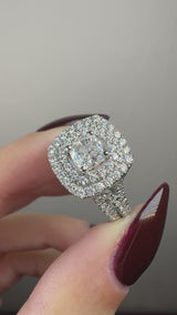 "Nassey" Cushion Cut Halo and Diamond Shoulder Matching Set Engagement Ring